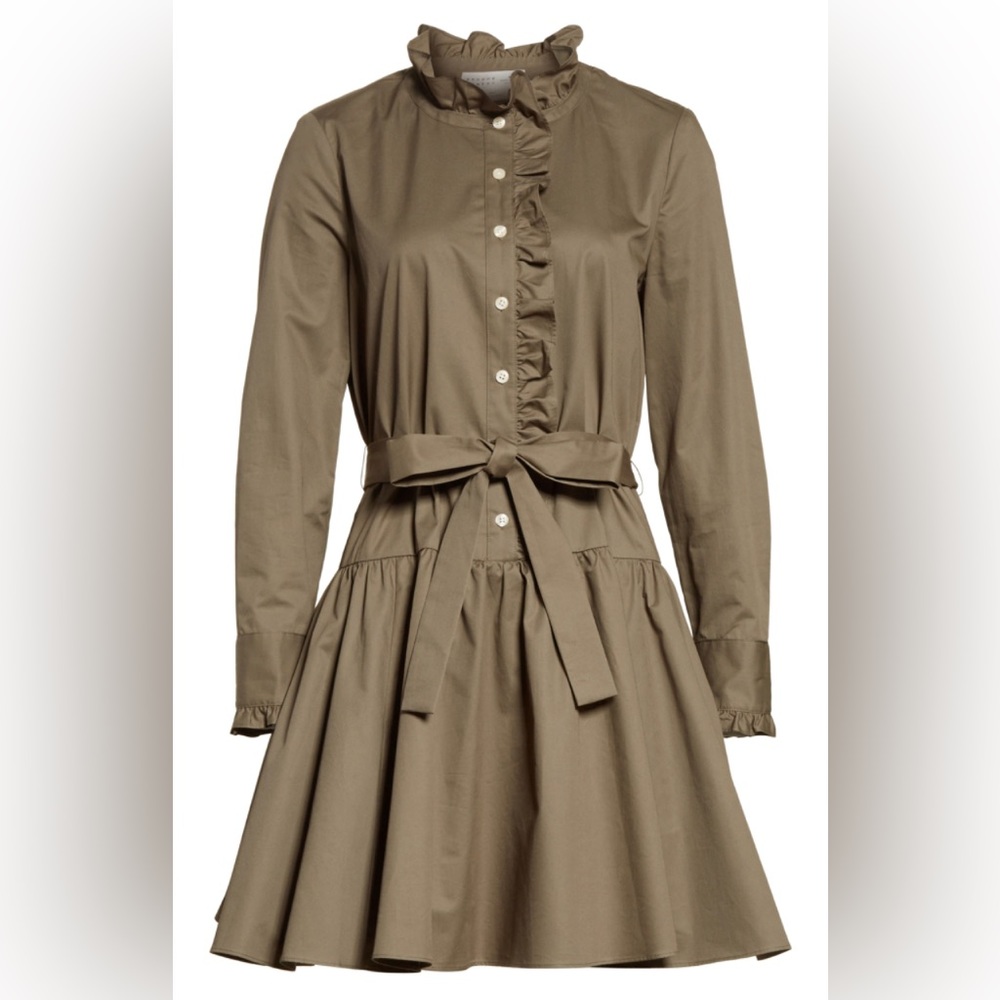 Kate Spade Broome Street olive Green Ruffle Neck poplin belted dress EUC